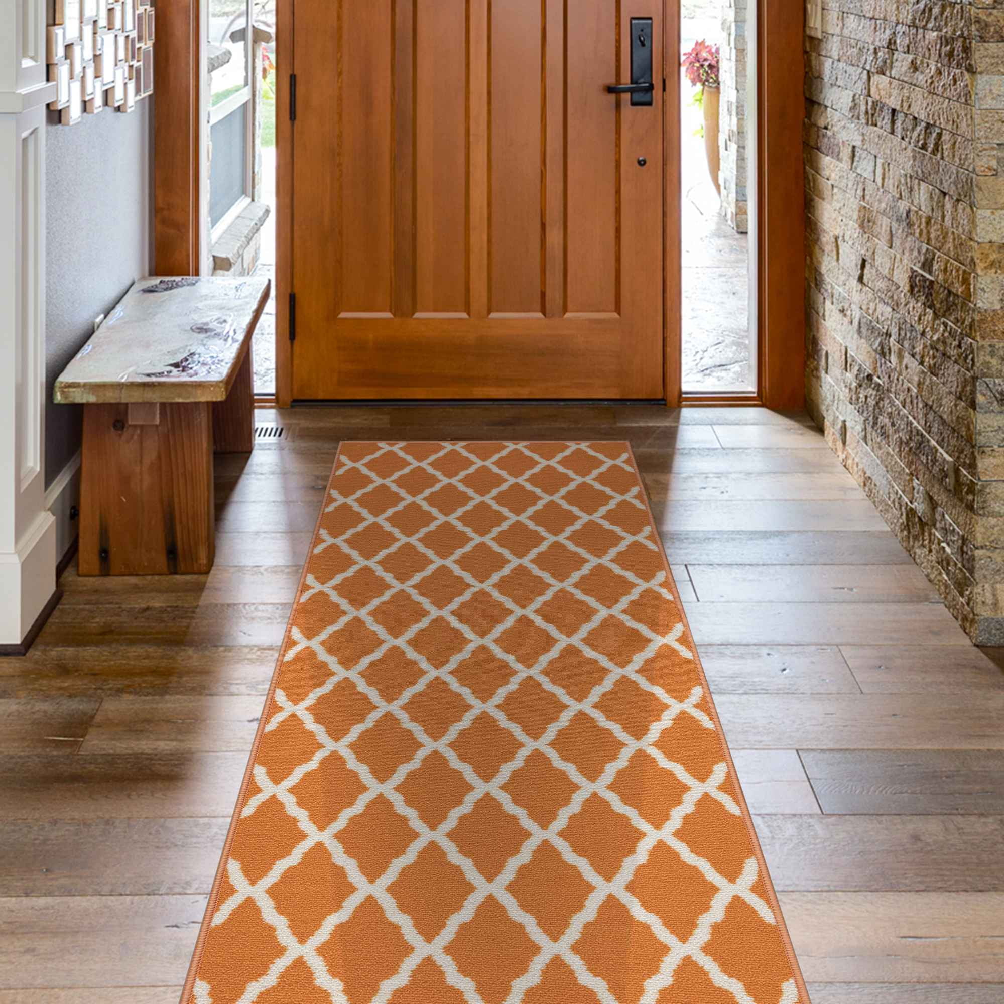 Ottomanson Non-Slip Hallway Runner Rug 2'2" x 6' Perfect for High Traffic Areas, Orange Trellis