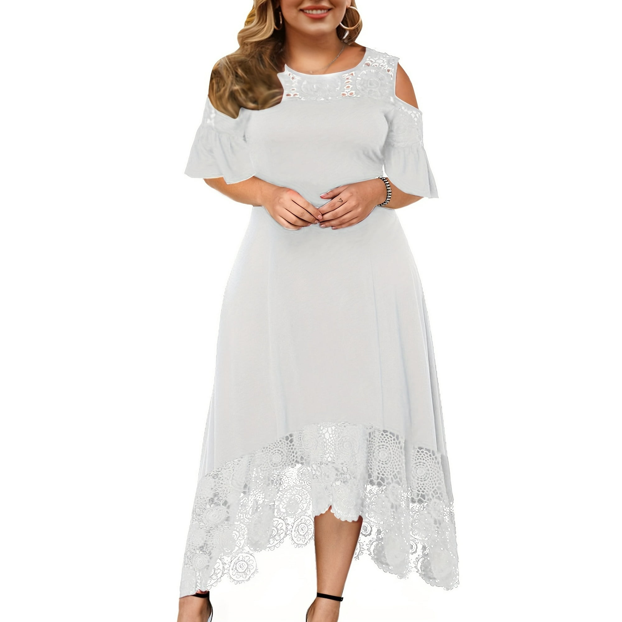 Plus Size Floral Print Contrast Lace Off Shoulder Cami Dress Women's Plus  Elegant Slight Stretch Party Dress - Walmart.ca
