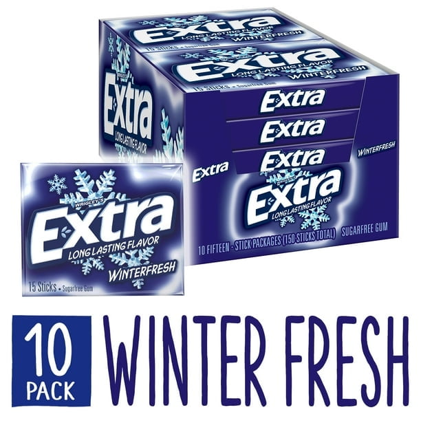 Extra Slim Pack Winterfresh Gum 10 Count Pack — 15 Sticks Each — Sugar-Free Cooling Long-Lasting Chewing Gum