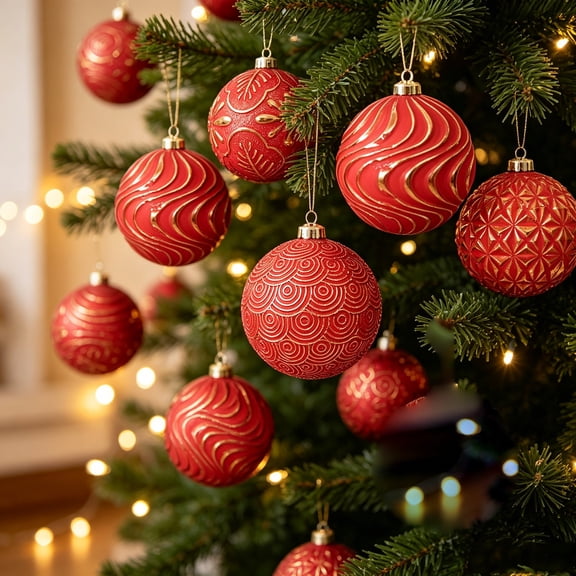 12 Pack Vintage Christmas Ornaments, 8Cm Embossed Gold Shatterproof Baubles, Antique Style Hanging Tree Decor Balls for Xmas Holiday Display, Red