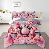 jejeloiu Antarctic Animal Full Comforter Set,Kawaii Penguin Dessert Cake,Ultra Soft Reversible Decor For Kids,3-Piece