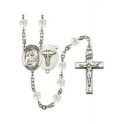 St. Camillus of Lellis / Nurse Silver-Plated Rosary 6mm April Crystal Fire Polished Beads Crucifix Size 1 3/8 x 3/4 medal