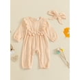 thumbnail image 2 of Suealasg Infant Baby Girls Fall Clothes Long Sleeve Ruffle Trim Jumpsuits Headband 3 6 12 18 Months Newborn Girls Romper Bodysuit, 2 of 7