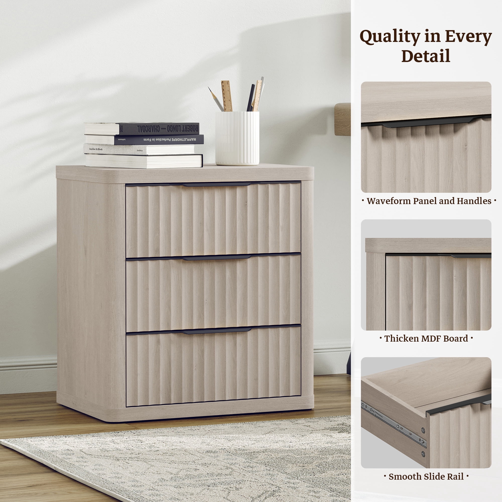 SICOTAS 23”W Farmhouse Nightstands with 3 Fluted Drawers & Black Handles, Wood Bedside Table for Bedroom, End Table for Living Room in Light Grey Alder