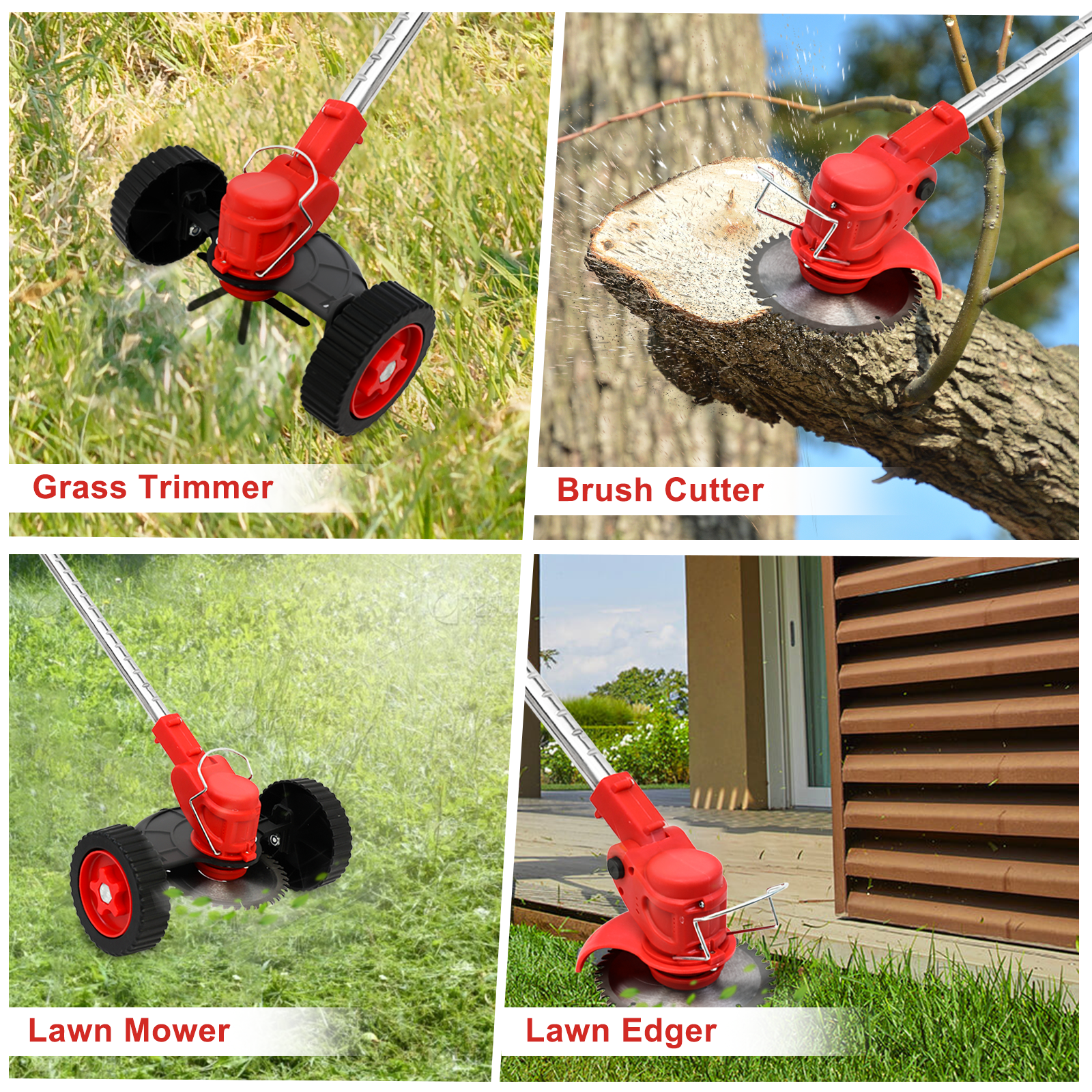 Electric Weed Wacker, Cordless Weed Trimmer with Wheels, 2000mAh Batteries, 3 Types of Blades, Adjustable Length, Weed Eater Grass Trimmer/Edger/Brush Cutter for Lawn Yard Garden (Red)