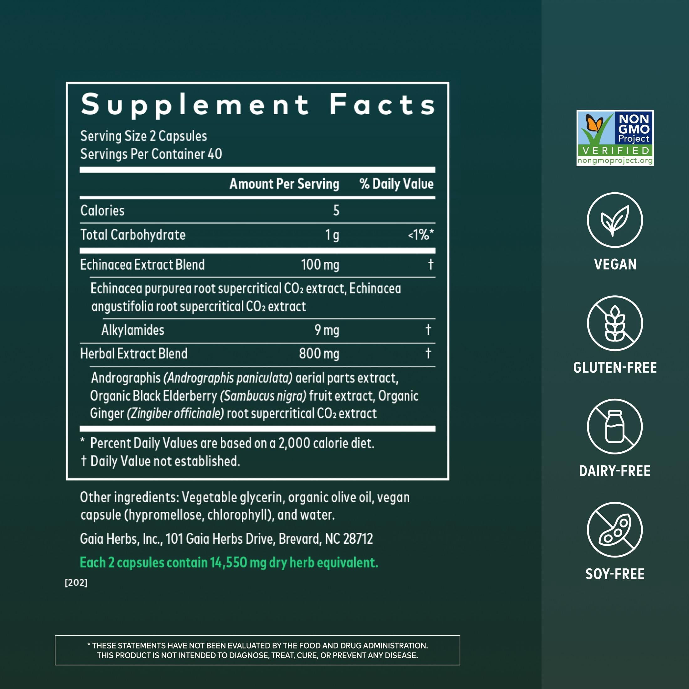 Gaia Herbs Quick Defense - Fast-Acting Immune Support Supplement* - Echinacea, Black Elderberry, Ginger & Andrographis - 80 Vegan Liquid Phyto-Caps (40 Servings)