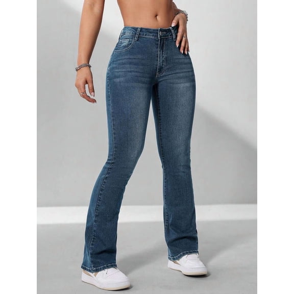 Women High Waist Skinny Flare Jeans, Solid Washed Denim Bootcut Pants With Pockets, Casual Slim Fit Stretch Denim Trousers