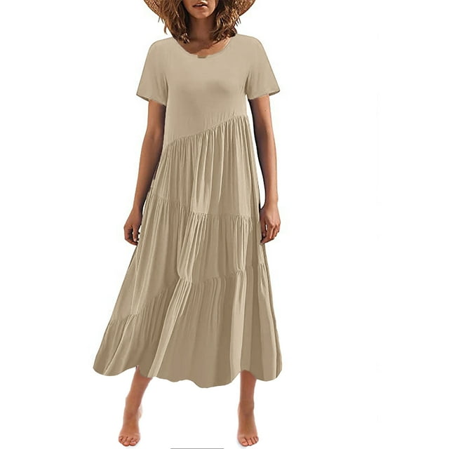 Hyknon Robes pour Femmes Mode Été Mode Robe Longue Ample Manches Courtes Col Rond Asymétrique à Étages Robe Longue de Plage Décontractée Douce Fluide Coupe Ample Robes
