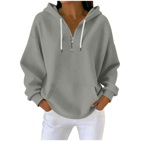 Hurxie Womens Hoodies Casual Long Sleeve Drawstring Waffle Pullover Tops Loose Hooded Sweatshirt with Pocket Gray 4XL