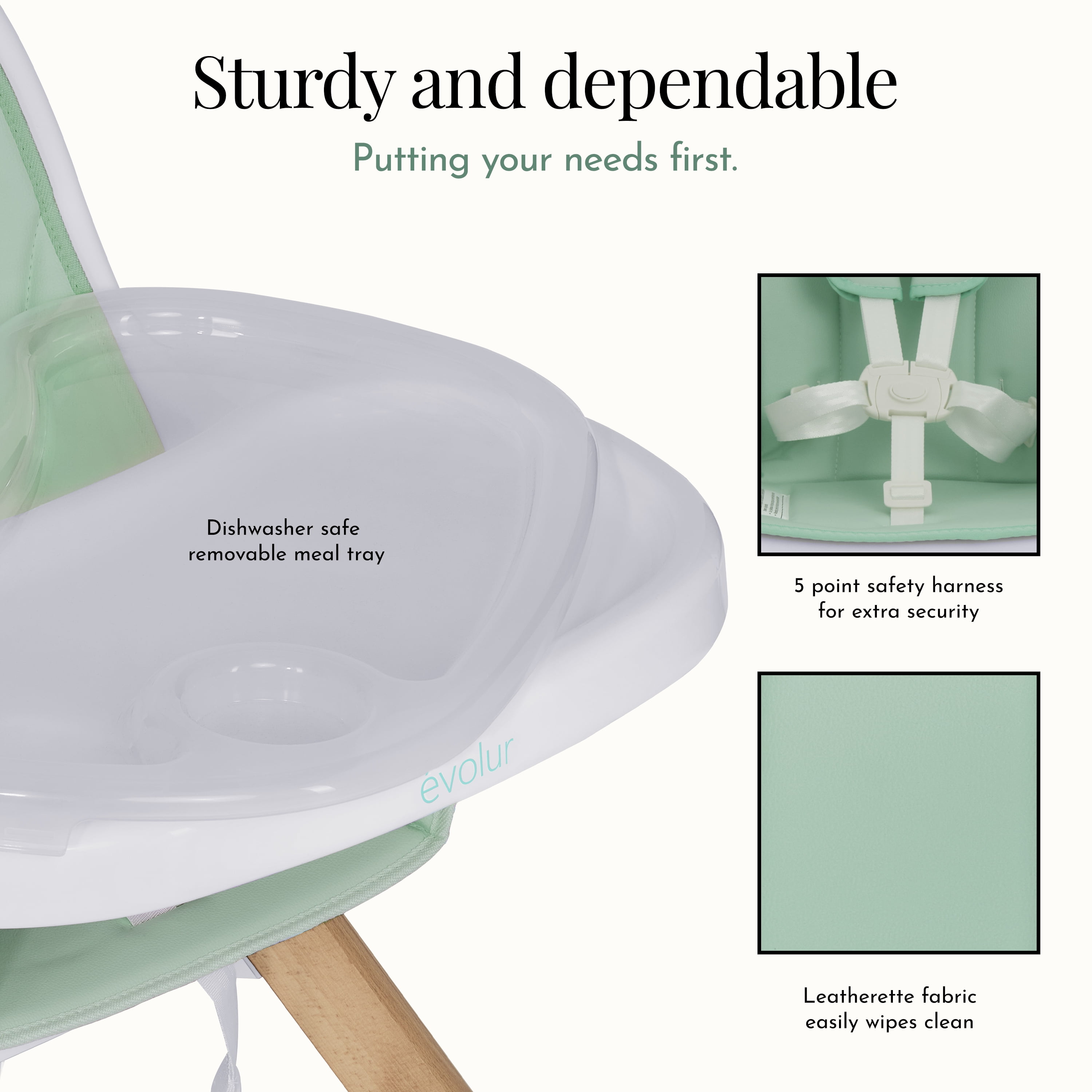 Evolur Zoodle 2-in-1 High Chair Booster Feeding Chair with Modern Design, Mint