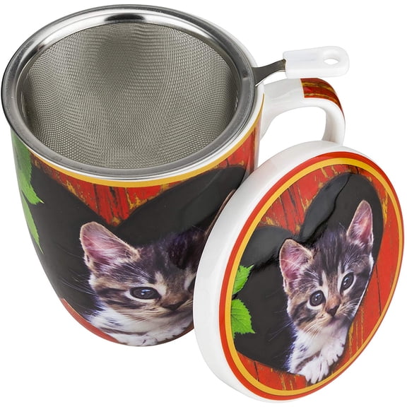 Carmani 14 Oz "Sweet Kittens" Tea Mug with Lid and Infuser, Porcelain Coffee Cup Set with Cats Print, Gift Box