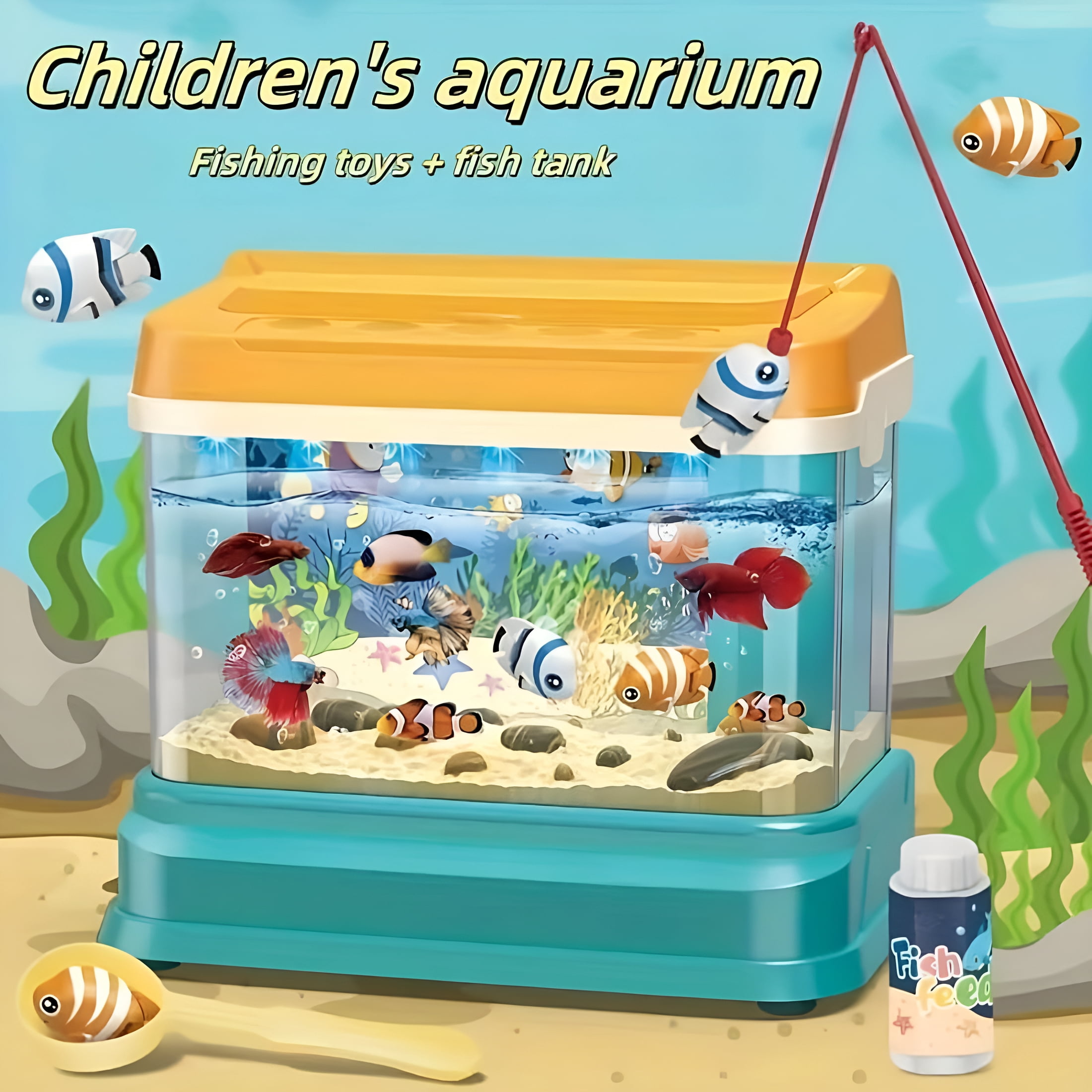 ACDANC Baby Aquarium Toy-Electric Fake Fish Tank Set with 2 Fishing Rods,Music&Led Lights for Toddlers-Perfect Gift for Boys&Girls