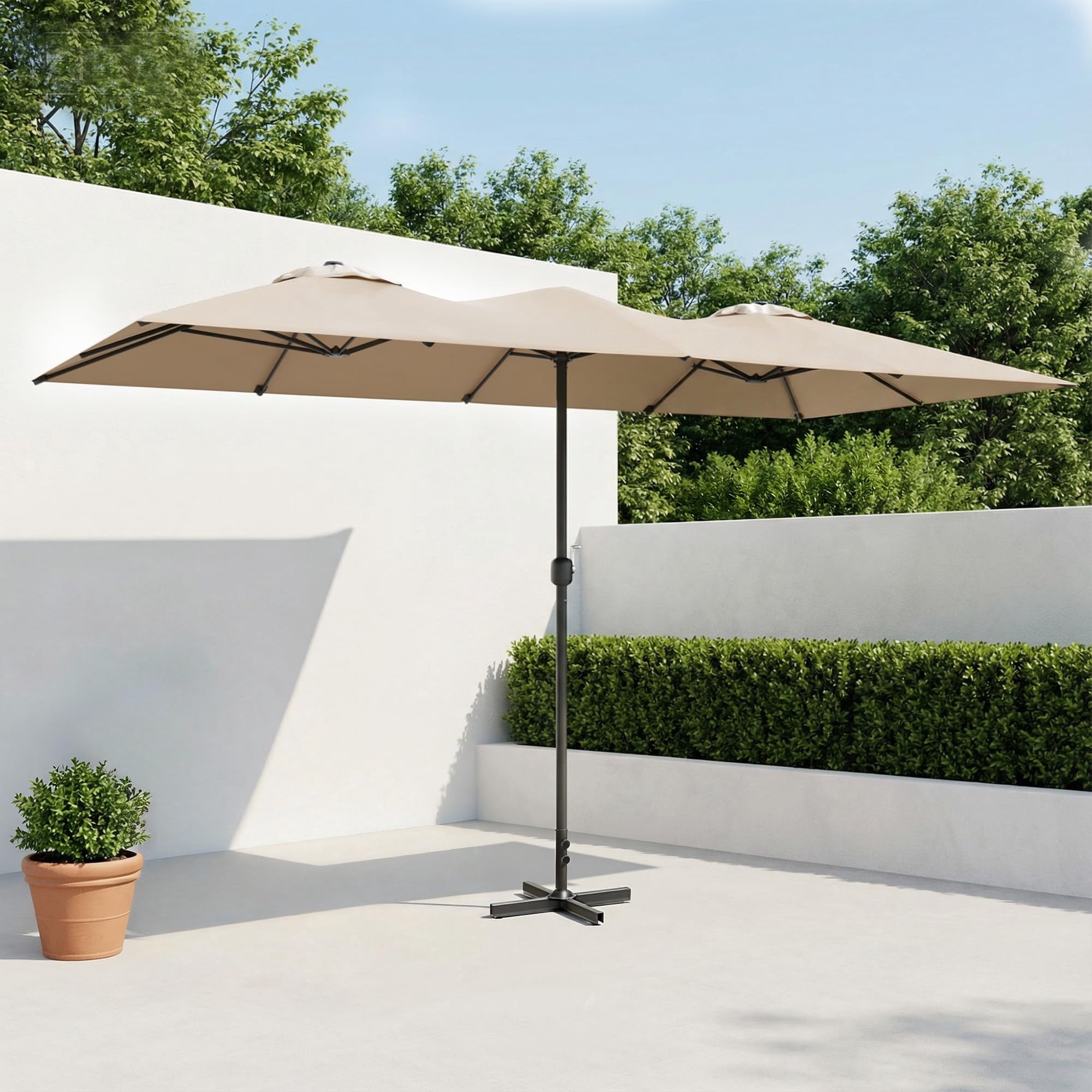 ALAULM 14FT Patio Umbrellas with Cross Base, Outdoor Double-Sided Umbrella Large Rectangle Table Market Umbrella with Crank Handle & Ribs, for Pool Lawn Garden Beige