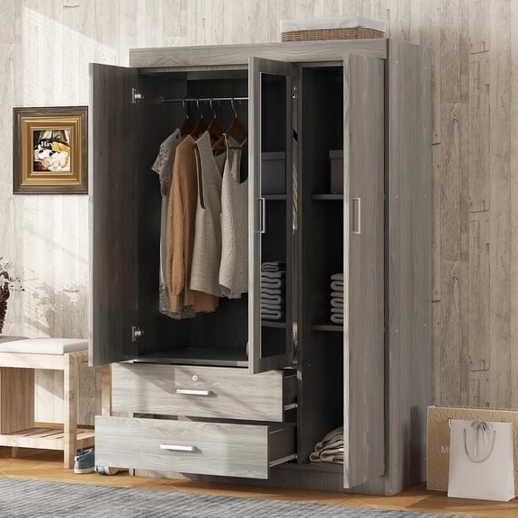 YWEN 68.2" H Wardrobe Armoire Closet with Mirror, Modern Freestanding Wooden Closet Wardrobe Cabinet with 3 Doors and Locking Drawers, Bedroom Armoires with Shelves and Hanging Rod, Gray