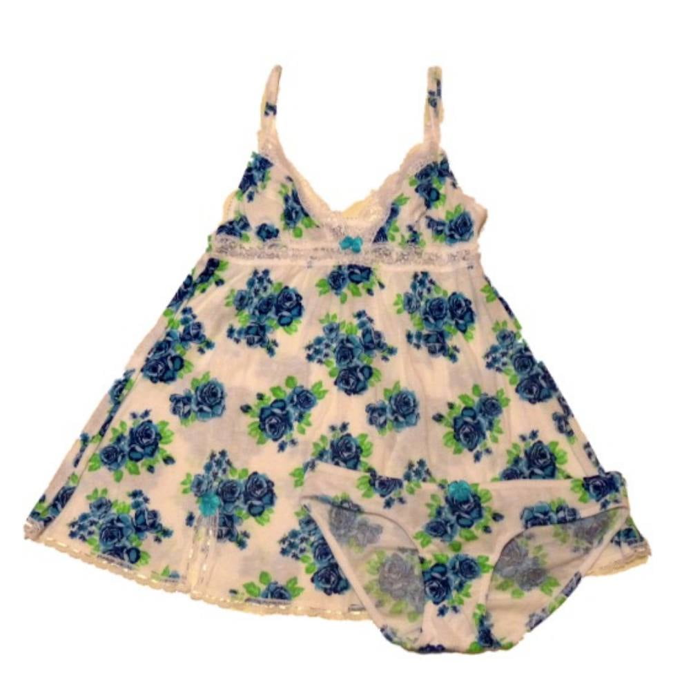 Valentine Valentines Juniors Womens Blue Flowers Babydoll & Panties