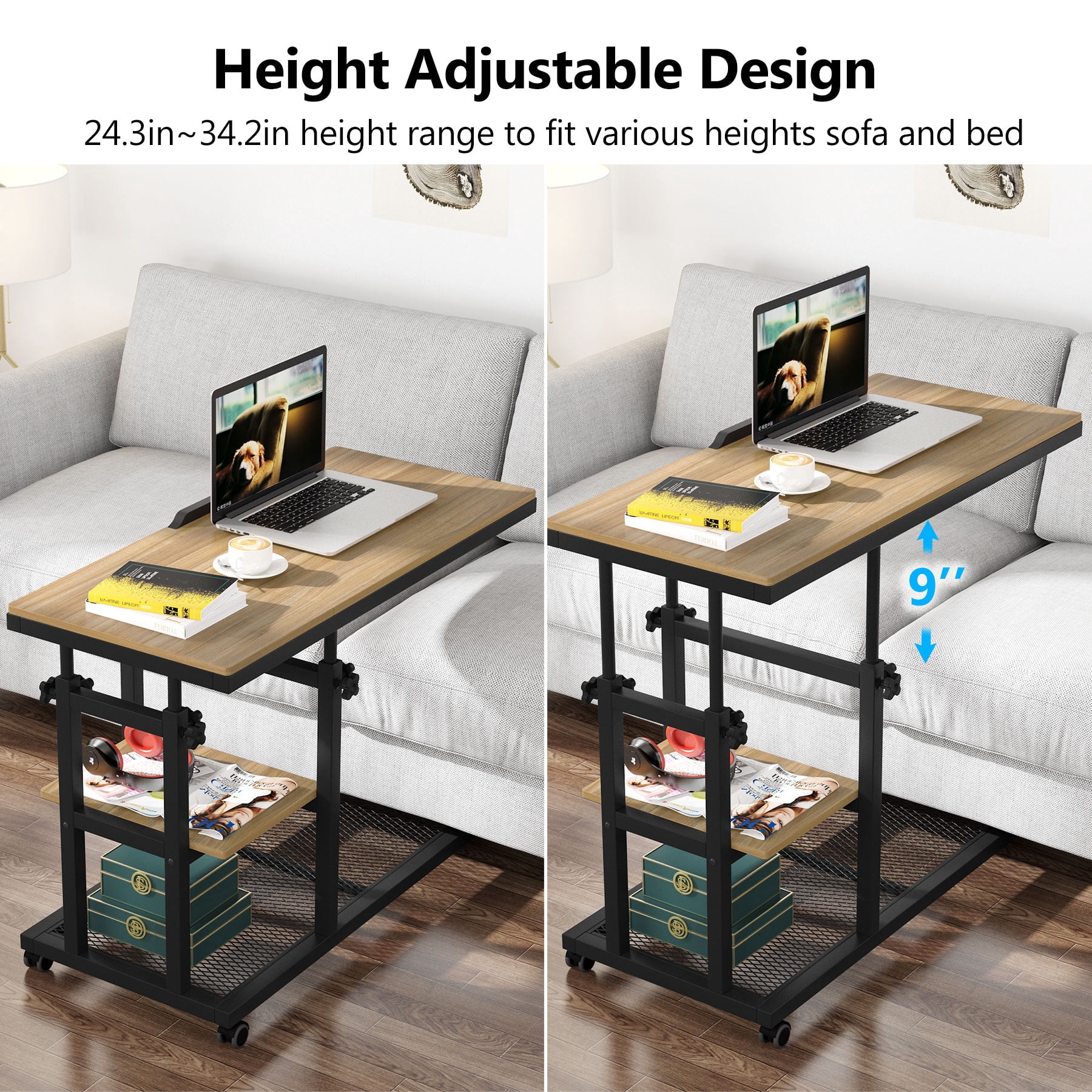 Fnova Mobile Side Table with Wheels, Snack Tray, Height-Adjustable C-Shape Desk, Tiltable Drawing Board, Laptop Stand, Storage Shelves for Living Room, Bedside Table for Couch