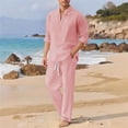 thumbnail image 4 of Mens 2 Piece Linen Outfits Long Sleeve Pullover Henley Shirt & Wide Wide Pant Sets Beach Fashion Loungewear (2XL, Pink), 4 of 5