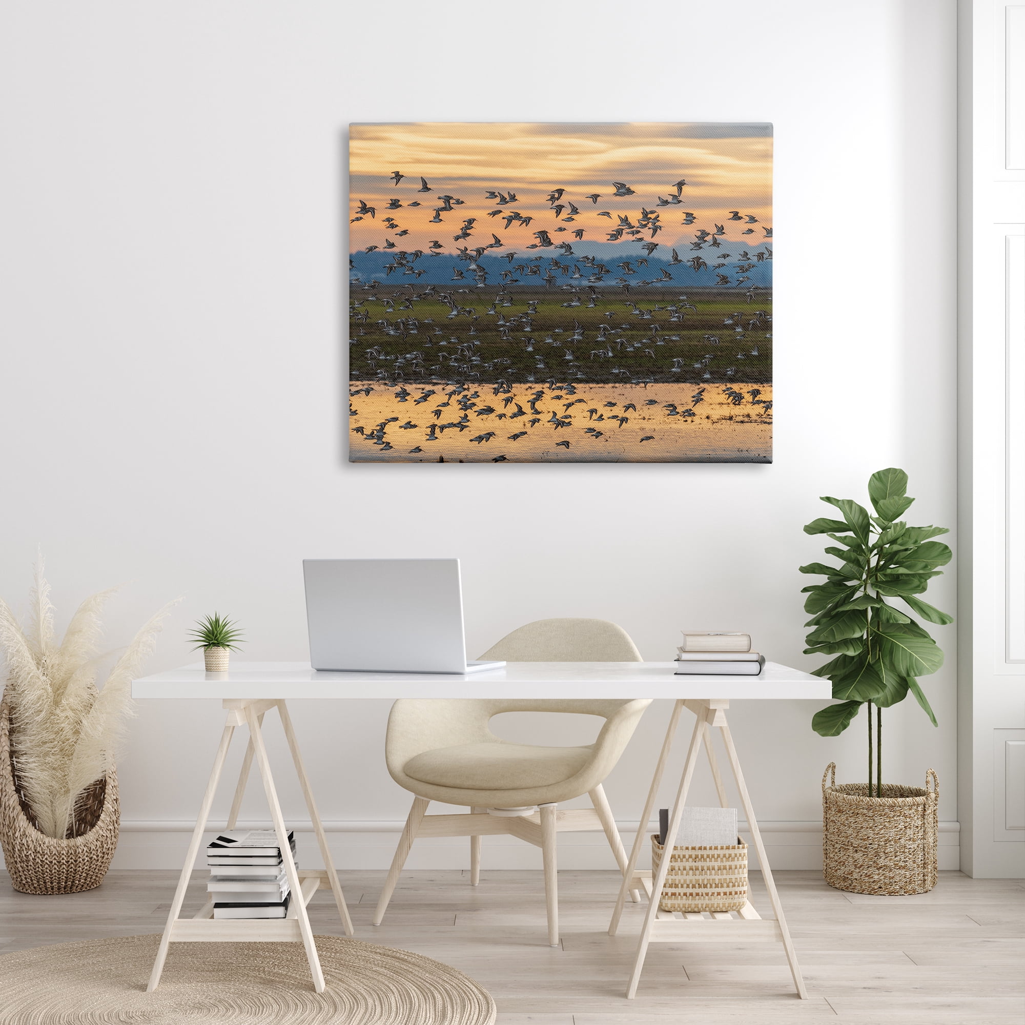 Stupell Industries Flock of Birds Flying Lake Reflection Orange Sunset Painting Gallery Wrapped Canvas Print Wall Art, Design by Nancy Crowell