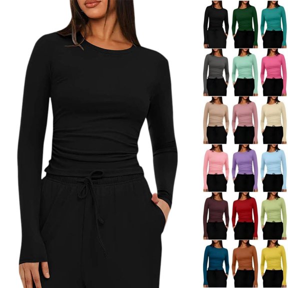 Tqcoqu Womens Round Neck Basic Long Sleeve T Shirt,Slim Fit Tees Y2k Going Out Tops,Solid Color Plain Tight Blouses