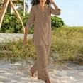 thumbnail image 2 of JGGSPWM Womens Solid Lapel Long Sleeve Button Up Shirt and Elastic Waist Pants Sets Vintage Cotton Linen 2 Piece Outfits Casual Tracksuit Lounge Set Blouse with Capris Trousers Set Brown XXL, 2 of 6