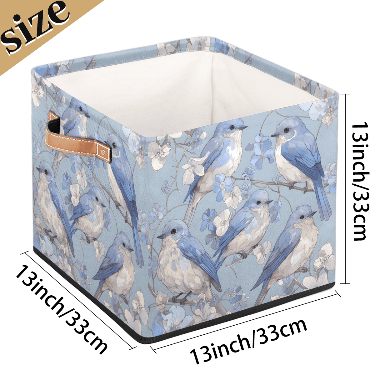 CURLYOOT Spring Summer Blue Birds Cube Storage Bin, 13 x 13 x 13 Storage Cube Bins for Organizing, Fabric Foldable Closet Baskets with Handles for Closet, Shelves, Clothes
