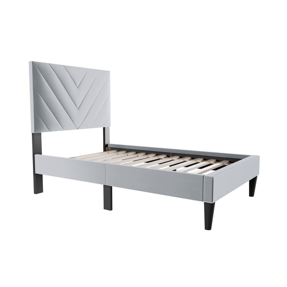 JUYG Twin Velvet Upholstered Bed with V-Stitching, Gray