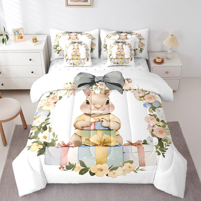Erosebridal Animal Rabbit Bedding Queen Size,Easter Day Comforter Sets with Sheets,Botanical Flower Bedding Sets Queen Size,Breathable Kawaii Room Decorative,Reversible,7 Pieces