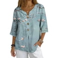 thumbnail image 2 of LEKWK Womens Summer Linen Top Bird Floral Print Trendy Tops 3/4 Sleeve Going Out Tops V Neck Button Decor Art Style Vacation Wear, 2 of 7