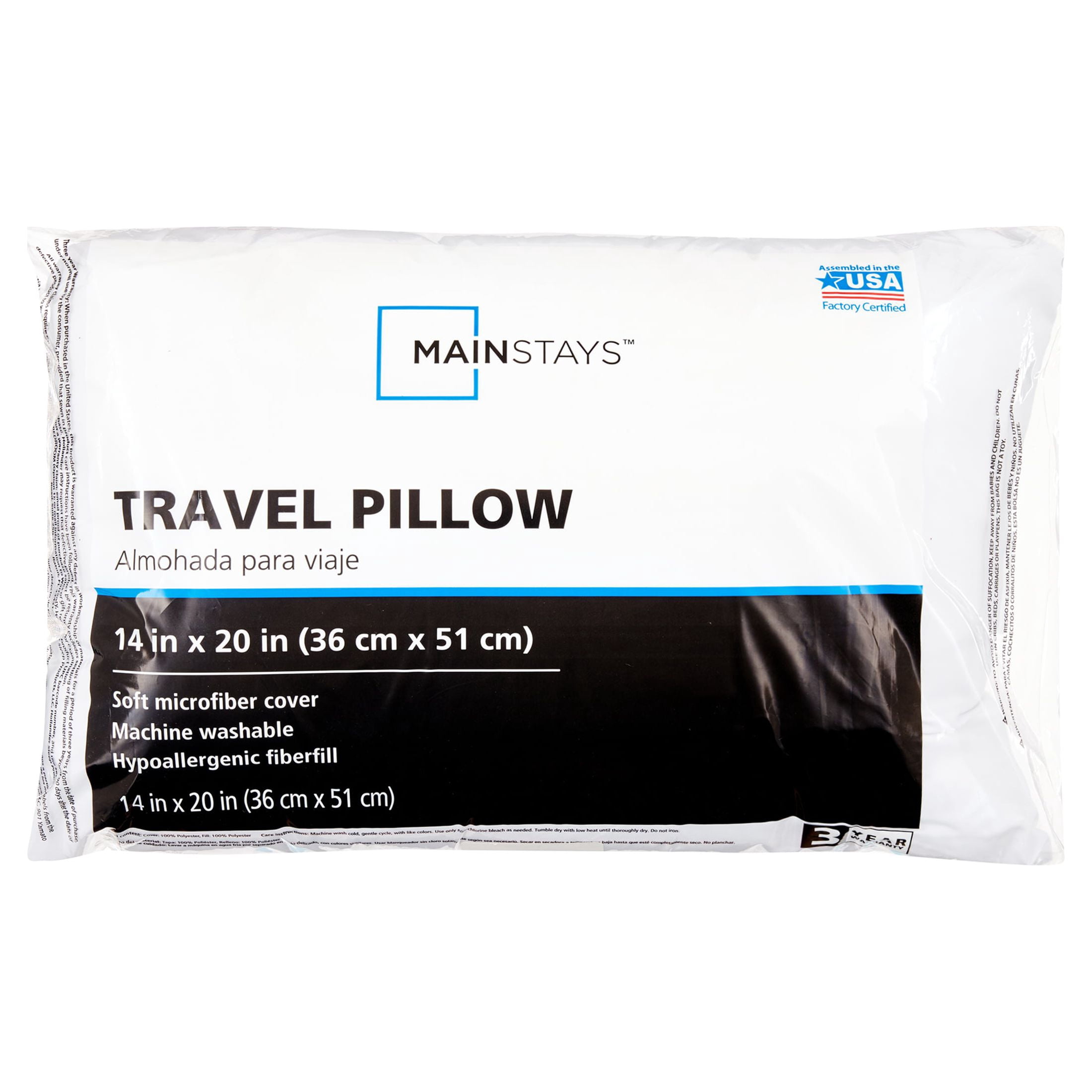 Mainstays Travel Pillow, 100% Polyester, 14" x 20", White