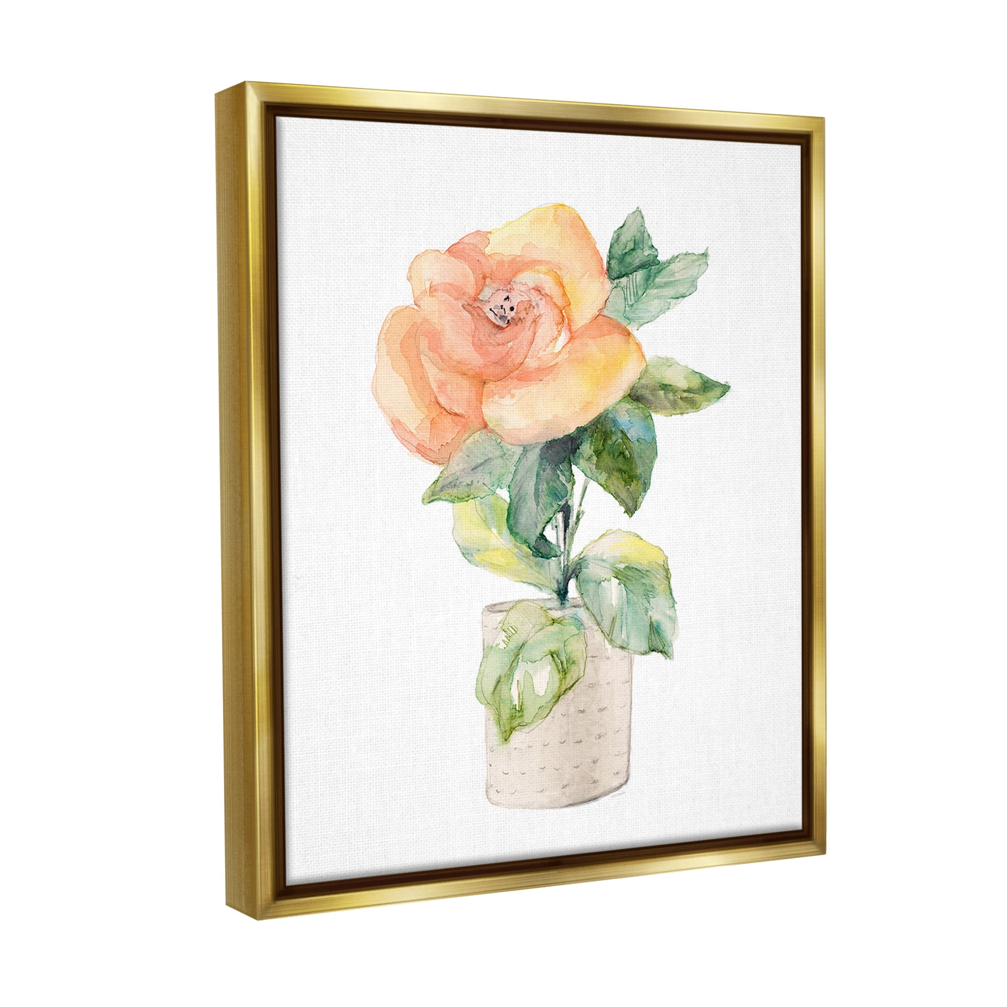 Stupell Industries Rose Sprig in Planter Botanical & Floral Painting Gold Floater Framed Canvas Art Print Wall Art, 25 x 31