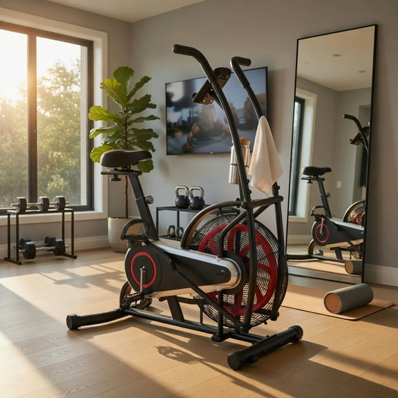 Resenkos Upright Air Bike with Unlimited Air Resistance – Black & Red Full-Body Fan Exercise Bike for Home Gym