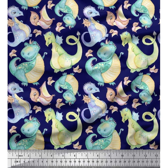Soimoi Blue polyester Crepe Fabric Dinosaurs Kids Print Sewing Fabric Yard 42 Inch Wide