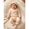 thumbnail image 4 of RUINIXCW Newborn Baby Girl Hospital Going Home Outfit Baby Girls Spring Fall Clothes Ruffle Trim Long Sleeve Wrapped Tie Romper Jumpsuit and Hat Set, 4 of 9