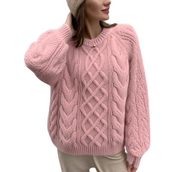 Hogleaql Womens Sweaters Casual Long Sleeve Crew Neck Chunky Knitted Sweater 2025 Dressy Fall Loose Fit Solid Color Pullover Top Pink M