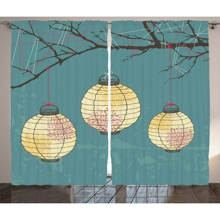 Teal Curtains 2 Panels Set Three Paper Lanterns Hanging On The Branches Lighting Fixture Source Lamp Boho Print Living Room Bedroom Decor Teal