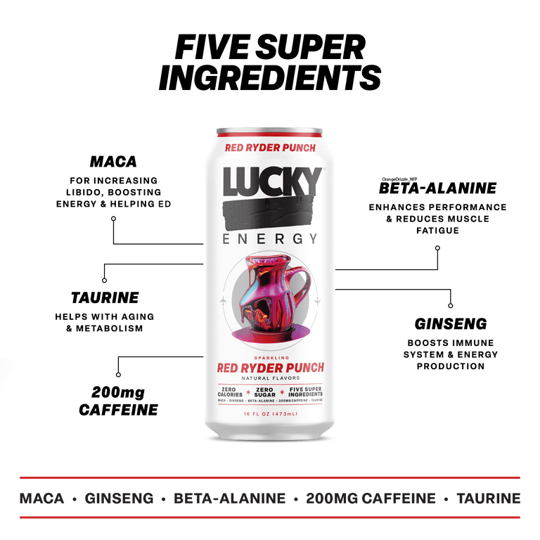 Lucky Energy Sugar Free Energy Drinks 16 fl oz Can, Red Ryder