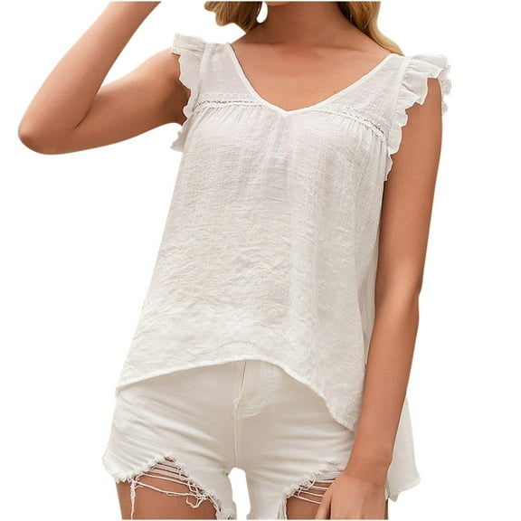 up to 60% off Gifts Usmixi Womens Tank Tops Fashion Ruffle Sleeve Breathable Cotton Linen Loose Swing Shirts Vest Summer Trendy Solid V-Neck Sleeveless Shirts Blouse White XL