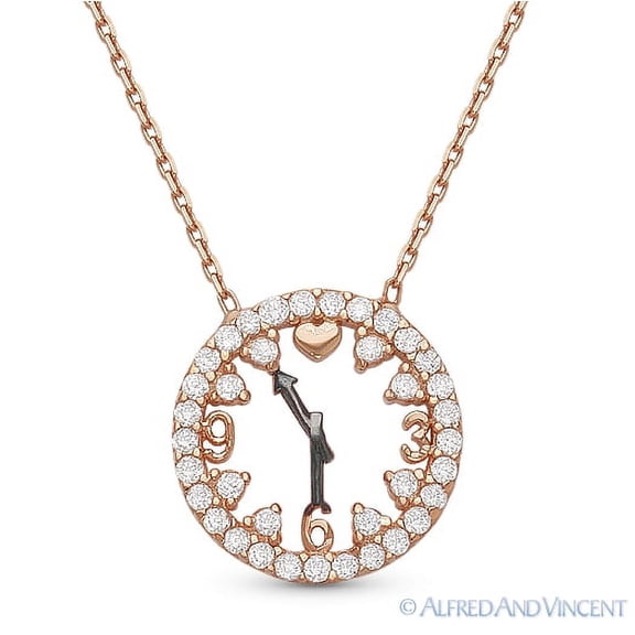 Clock Charm CZ Crystal Pendant & Chain Necklace in .925 Sterling Silver