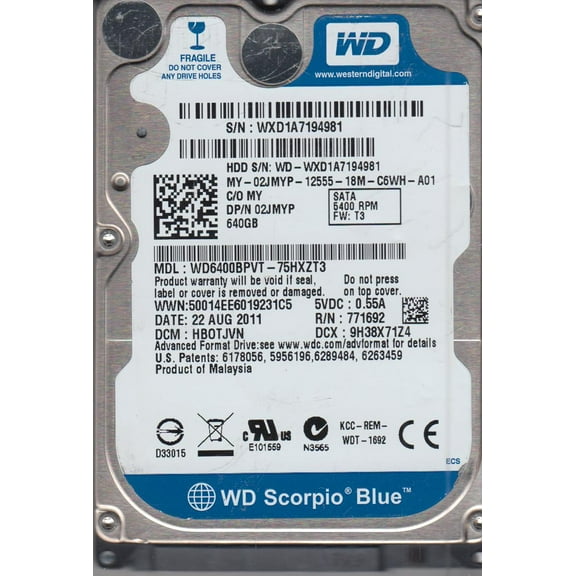WD6400BPVT-75HXZT3, DCM HBOTJVN, Western Digital 640GB SATA 2.5 Hard Drive