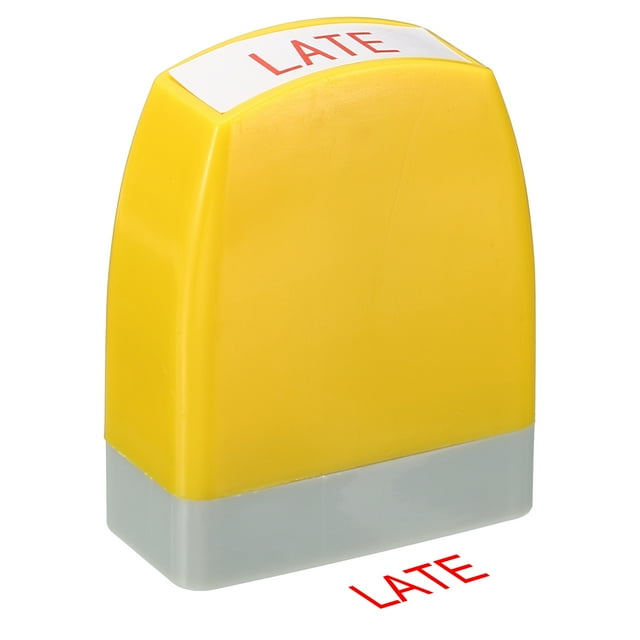 Uxcell Notice Stamp Self Inking, Office Stamps Message Stamp Business Stamp Style 1 with the word 'Late' in red. The stamp features a yellow plastic body with a grey base and a self-inking mechanism for quick and precise impressions. Designed for use on paper, cardboard, and envelopes, it measures 53 x 42.5 x 21mm and has a character height of 7mm. Suitable for office tasks, crafting, and document organization.