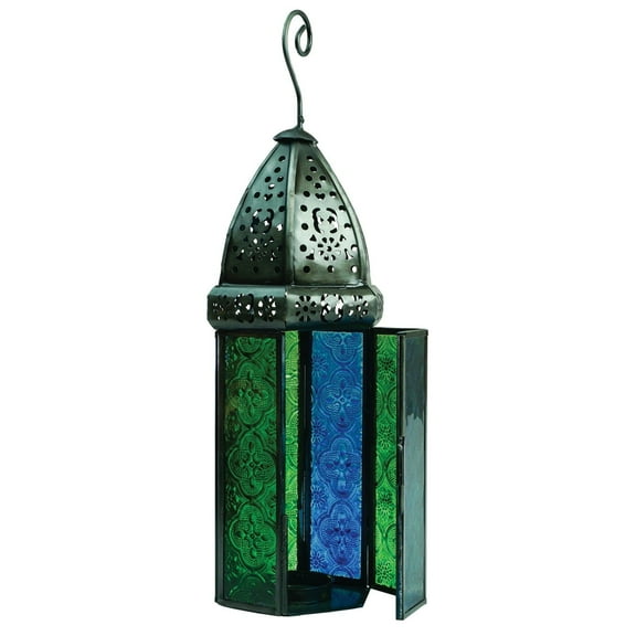 In the Breeze 9212 — Blue & Green Large Hex Tealight Lantern — Moroccan-Style Boho Chic Tealight Glass and Metal Tabletop Lantern