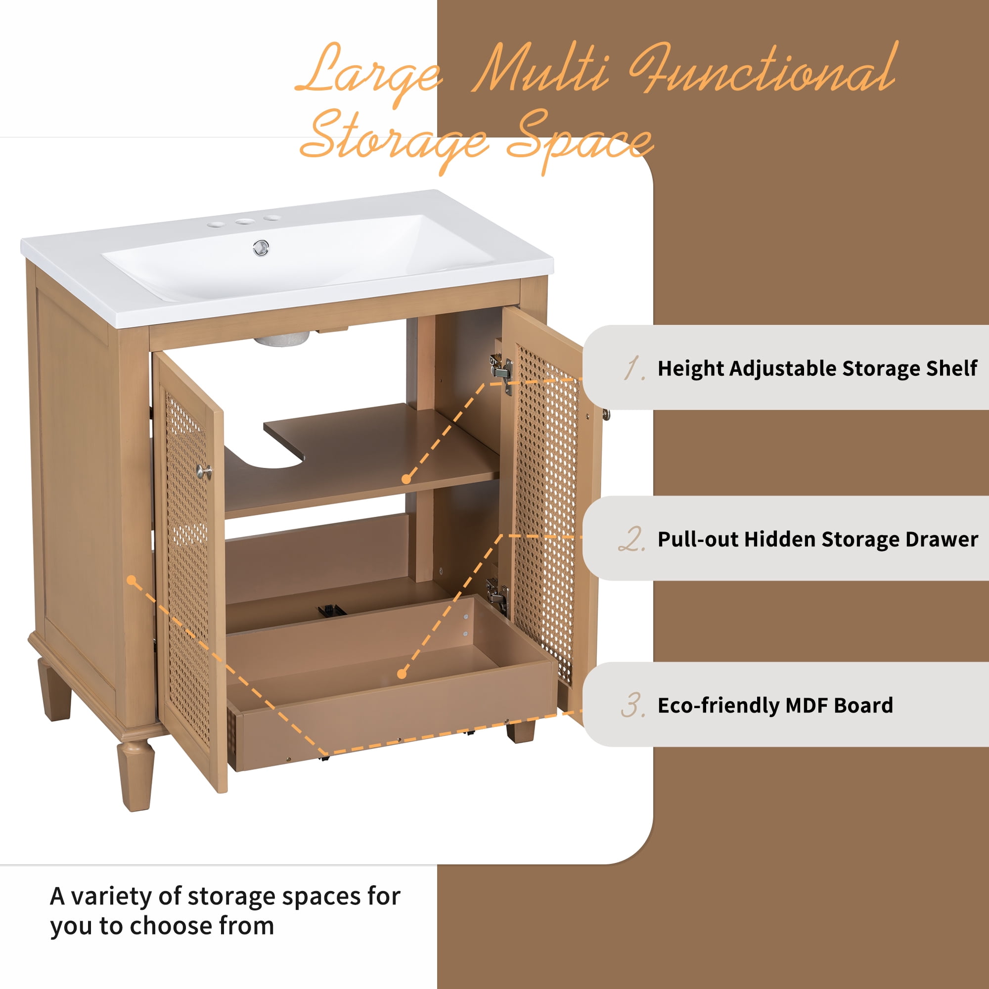 Euroco 30 Inch Bathroom Vanity with Resin Sink, Freestanding Bathroom Vanity Set with Hidden Drawer, Storage Cabinet for Bathroom, Solid Wood Frame Bathroom Cabinet