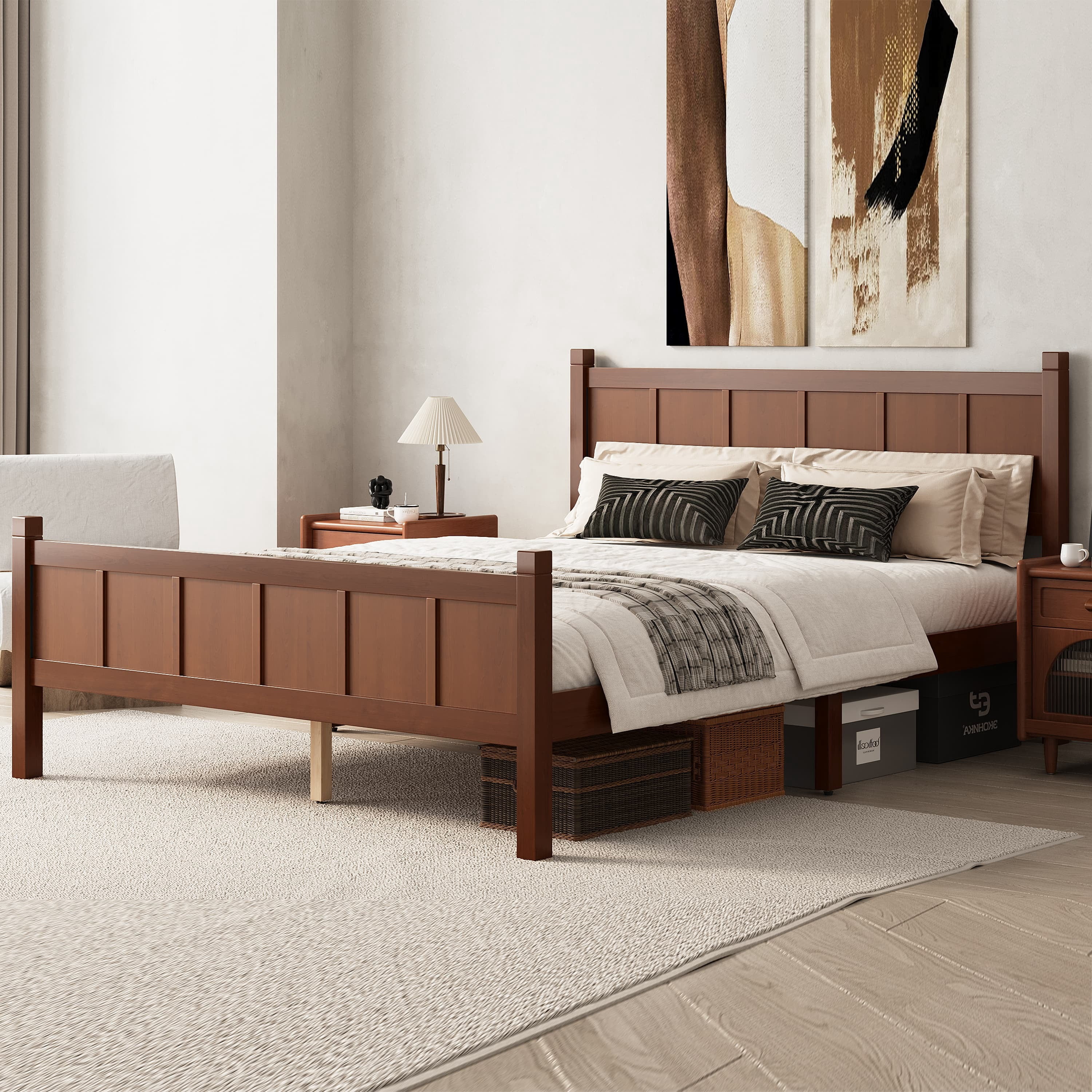 Euroco Wood Queen Size Platform Bed with Headboard and Footboard, Dark Walnut