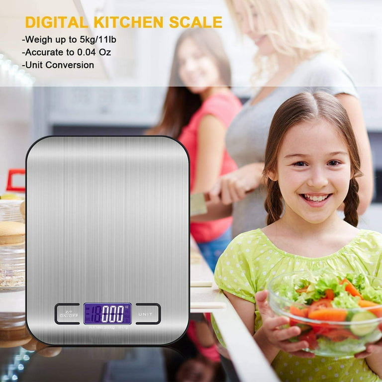 Digital Kitchen Scale,Food Scale for Meat Baking Weighter,Unit Gram oz lb Up 11 lb(1g-5KG),Silver Stainless Steel Anti-Fingerprint with Accuracy LCD
