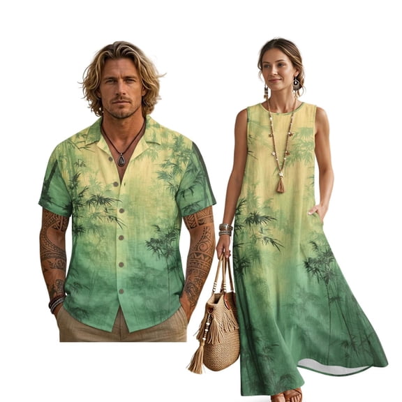 Renewold Green Forest Tree Print Matching Hawaiian Outfits for Couples A Line Women Dresses Oriental Graphic Lightweight Men Shirt Short Sleeve Casual Shirt Loose Swing Summer Dress, S