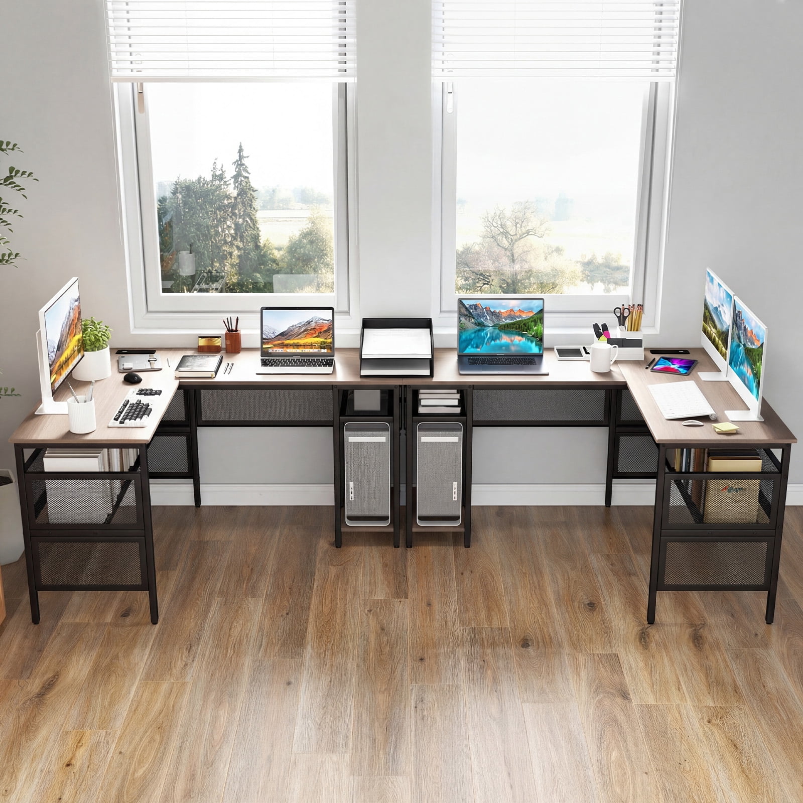 Giantex L Shaped Desk w/Power Outlets & USB Ports, Reversible Corner Computer Desk, 2 Person Gaming Table