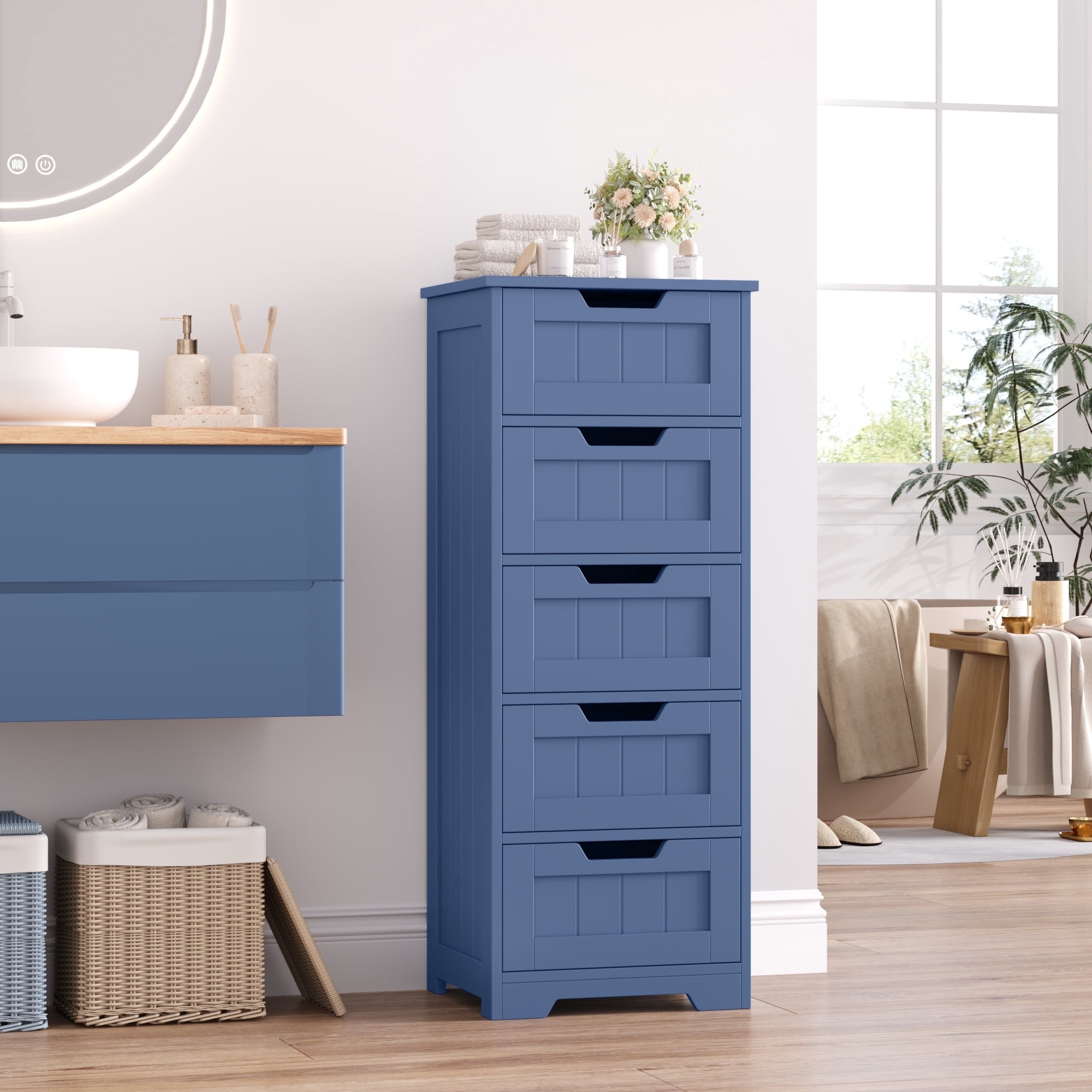 Homfa Modern Bathroom Cabinet, Free Standing Storage Cabinet with 5 Drawers Organizer Unit for Living Room Bedroom, Blue