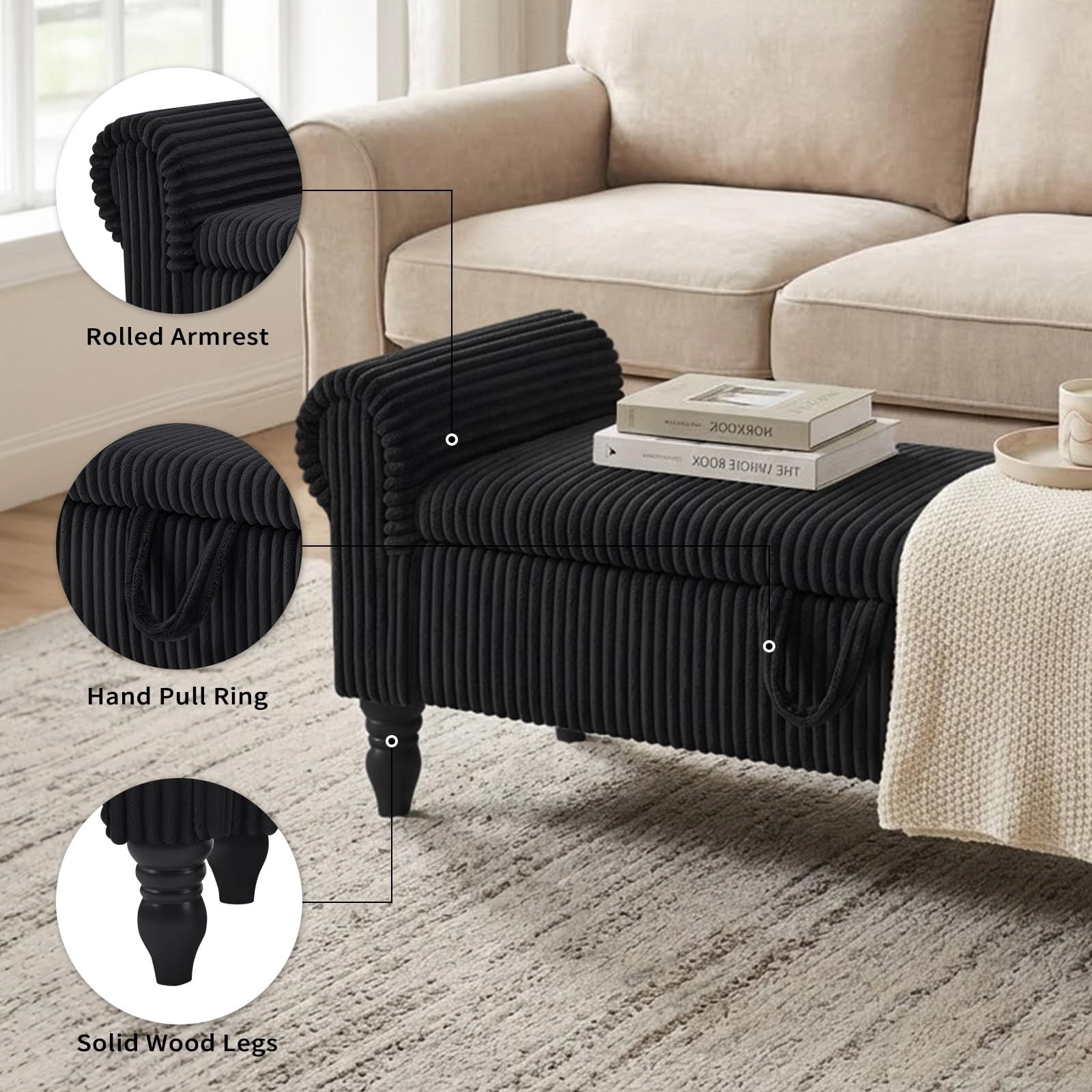 51.5" Storage Ottoman Bench, Upholstered Corduroy End of Bed Bench with Hidden Storage for Bedroom, Entryway & Living Room, Black