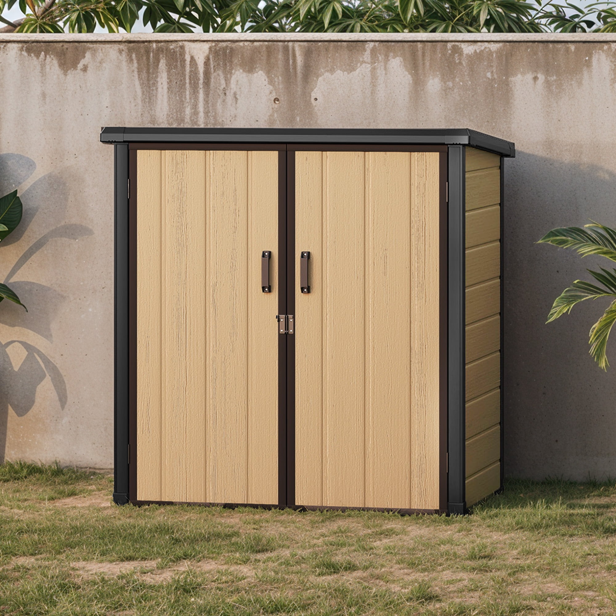 Uforic Tall Storage Shed with Shelves, Lockable Doors, Sloped Roof, Double-Layer Plastic for Outdoor, Brown