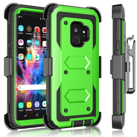 Galaxy S9 / S9 Plus Case, Samsung Galaxy S9 Holster Clip, Tekcoo [Tshell] Shock Absorbing [Grass Green] Secure Swivel Locking Belt Defender Heavy Full Body Kickstand Carrying Tank Armor Cases Cover